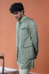 Philocaly_Green Tussar Aariv Striped Print Bundi With Tonal Binding _Online_at_Aza_Fashions
