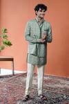 Shop_Philocaly_Green Tussar Aariv Striped Print Bundi With Tonal Binding _Online_at_Aza_Fashions