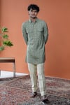Shop_Philocaly_Green Cotton, Tussar Aarivan Pathani Style Digital Striped Kurta _at_Aza_Fashions