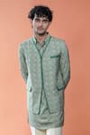 Philocaly_Green Cotton, Tussar Aariv Printed Stripe Bundi And Kurta Set _Online_at_Aza_Fashions