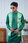 Buy_Philocaly_Green Linen, Satin Pushpvan Printed Open Bundi With Chawal Taka Stitch _at_Aza_Fashions