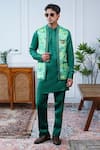 Shop_Philocaly_Green Linen, Satin Pushpvan Printed Open Bundi With Chawal Taka Stitch _at_Aza_Fashions