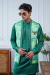 Shop_Philocaly_Green Linen, Satin Embroidery, Pushpvan Printed Open Bundi And Tonal Kurta Set _at_Aza_Fashions