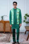 Buy_Philocaly_Green Linen, Satin Embroidery, Pushpvan Printed Open Bundi And Tonal Kurta Set _Online_at_Aza_Fashions
