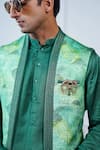 Shop_Philocaly_Green Linen, Satin Embroidery, Pushpvan Printed Open Bundi And Tonal Kurta Set _Online_at_Aza_Fashions