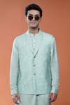 Buy_Philocaly_Green Tussar, Linen, Satin Shobhit Leaf Print Bundi And Kurta _Online_at_Aza_Fashions