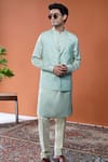 Buy_Philocaly_Green Tussar, Linen, Satin Shobhit Leaf Print Bundi And Kurta _at_Aza_Fashions