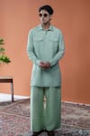 Shop_Philocaly_Green Linen Embroidery Samudra Pathani Kurta _at_Aza_Fashions