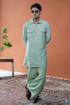 Buy_Philocaly_Green Linen Embroidery Samudra Pathani Kurta _at_Aza_Fashions