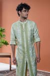 Philocaly_Green Tussar, Cotton Vasanta Printed Front-open Kurta With Chawal Taka _Online_at_Aza_Fashions