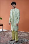 Shop_Philocaly_Green Tussar, Cotton Vasanta Printed Front-open Kurta With Chawal Taka _at_Aza_Fashions