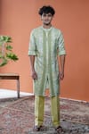 Buy_Philocaly_Green Tussar, Cotton Vasanta Printed Front-open Kurta With Chawal Taka _at_Aza_Fashions
