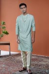 Buy_Philocaly_Green Tussar, Cotton Terrain Leaf Printed Pintuck Kurta _at_Aza_Fashions