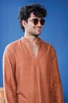 Philocaly_Orange Silk Zari Noora Textured V-neck Kurta With Dabka Collar _Online_at_Aza_Fashions