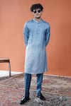 Shop_Philocaly_Blue Satin, Linen Embroidery Meghraj Ombre Tonal Kurta _at_Aza_Fashions