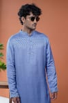 Philocaly_Blue Linen, Satin Embroidery Sagar Kurta _Online_at_Aza_Fashions
