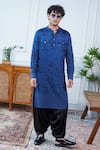 Buy_Philocaly_Blue Silk Neerav Herringbone Pathani Kurta With Chest Pockets _at_Aza_Fashions