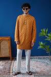 Shop_Philocaly_Mustard Silk Embroidery, Sequins Kanak Pitta Geometric Motif Kurta _at_Aza_Fashions