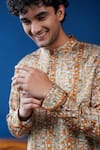 Philocaly_Tan Linen, Satin Tevan Printed Kurta With Cocktail Cuffs _Online_at_Aza_Fashions