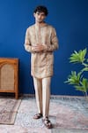 Shop_Philocaly_Tan Linen, Satin Tevan Printed Kurta With Cocktail Cuffs _at_Aza_Fashions
