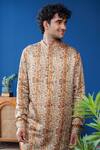 Shop_Philocaly_Tan Linen, Satin Tevan Printed Kurta With Cocktail Cuffs _Online_at_Aza_Fashions