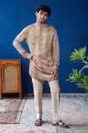 Buy_Philocaly_Tan Linen, Satin Tevan Printed Kurta With Cocktail Cuffs _at_Aza_Fashions