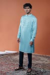 Shop_Philocaly_Sky Blue Linen, Satin Embroidery Varun Tonal Kurta With Mandarin Collar _at_Aza_Fashions