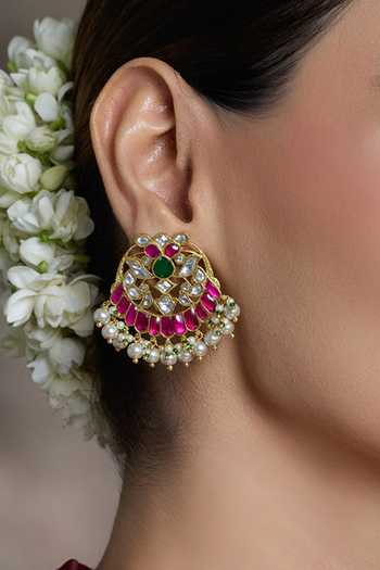Shop_Joules by Radhika_Gold Plated Gemstones, Pearls Divine Sparkle Stud Earrings _at_Aza_Fashions