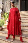 Amoree by Shikha Chaudhry_Red Silk Embroidery, Zari, Gota Patti Round Neck Gulbahar Anarkali Set _at_Aza_Fashions