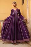 Shop_Amoree by Shikha Chaudhry_Purple Silk Gota Patti, Embroidery V-neck Kilol Anarkali With Dupatta _Online_at_Aza_Fashions