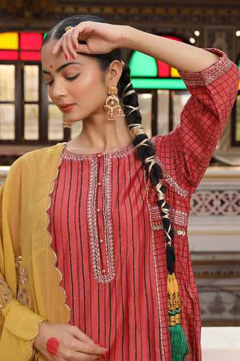 Buy_Amoree by Shikha Chaudhry_Maroon Silk, Silk, Embroidery Round Neck Kurta Set _Online_at_Aza_Fashions