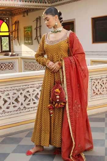 Buy_Amoree by Shikha Chaudhry_Yellow Chanderi , Chanderi, Embroidery, Hand Block Print Anarkali Set _Online_at_Aza_Fashions