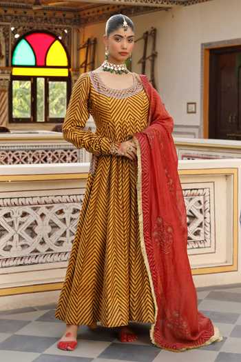 Buy_Amoree by Shikha Chaudhry_Yellow Chanderi , Chanderi, Embroidery, Hand Block Print Anarkali Set _at_Aza_Fashions