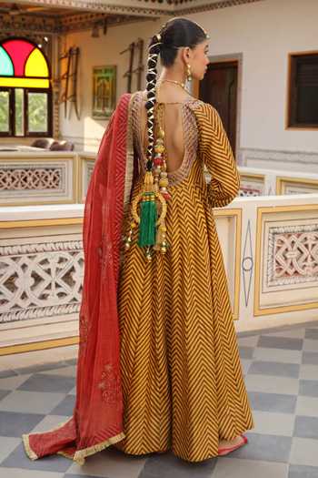 Shop_Amoree by Shikha Chaudhry_Yellow Chanderi , Chanderi, Embroidery, Hand Block Print Anarkali Set _at_Aza_Fashions