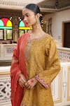 Buy_Amoree by Shikha Chaudhry_Yellow Chanderi Silk Embroidery Split V-neck Hand Block Print Kurta Set _Online_at_Aza_Fashions