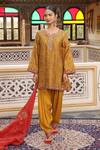 Buy_Amoree by Shikha Chaudhry_Yellow Chanderi Silk Embroidery Split V-neck Hand Block Print Kurta Set _at_Aza_Fashions