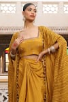 Buy_Amoree by Shikha Chaudhry_Yellow Chanderi Silk Beads, Embroidery Open Hand Block Print Cape And Skirt Set _Online_at_Aza_Fashions