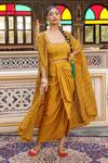 Shop_Amoree by Shikha Chaudhry_Yellow Chanderi Silk Beads, Embroidery Open Hand Block Print Cape And Skirt Set _at_Aza_Fashions