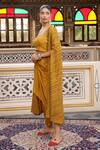 Shop_Amoree by Shikha Chaudhry_Yellow Chanderi Silk Beads, Embroidery Open Hand Block Print Cape And Skirt Set _Online_at_Aza_Fashions