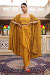 Buy_Amoree by Shikha Chaudhry_Yellow Chanderi Silk Beads, Embroidery Open Hand Block Print Cape And Skirt Set _at_Aza_Fashions