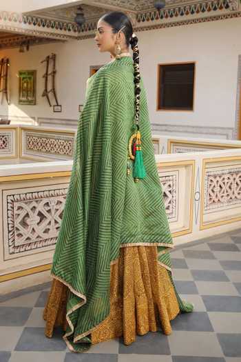 Shop_Amoree by Shikha Chaudhry_Yellow Chanderi Silk Embroidery Round Neck Hand Block Print Lehenga Set _at_Aza_Fashions