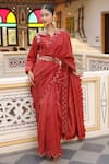 Amoree by Shikha Chaudhry_Red Chanderi Silk Embroidery, Zari V-neck Zig Zag Pattern Saree And Blouse Set _Online_at_Aza_Fashions