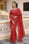 Buy_Amoree by Shikha Chaudhry_Red Chanderi Silk Embroidery, Zari V-neck Zig Zag Pattern Saree And Blouse Set _at_Aza_Fashions