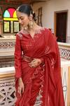 Shop_Amoree by Shikha Chaudhry_Red Chanderi Silk Embroidery, Zari V-neck Zig Zag Pattern Saree And Blouse Set _Online_at_Aza_Fashions