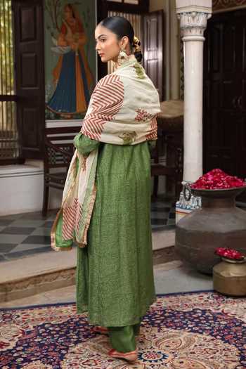 Shop_Amoree by Shikha Chaudhry_Green Silk, Silk, Embroidery, Sequins, Printed Kurta Set _at_Aza_Fashions