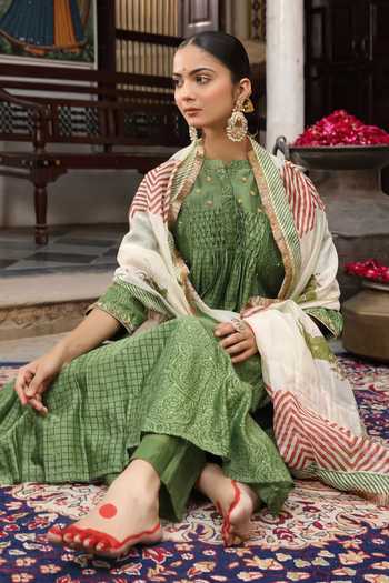Shop_Amoree by Shikha Chaudhry_Green Silk, Silk, Embroidery, Sequins, Printed Kurta Set _Online_at_Aza_Fashions