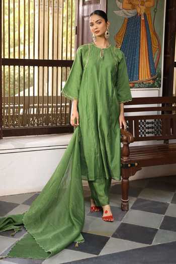 Buy_Amoree by Shikha Chaudhry_Green Silk, Silk, Embroidery, Sequins, Gota Rudra Kurta Set _at_Aza_Fashions