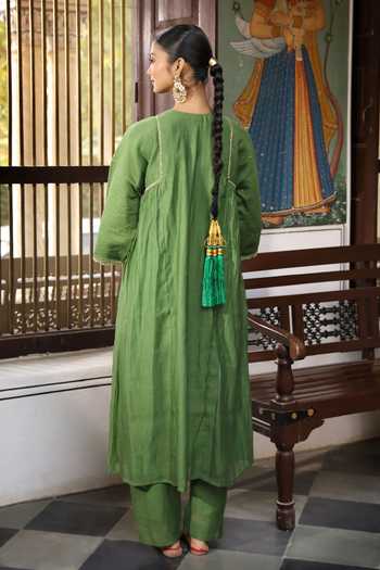Shop_Amoree by Shikha Chaudhry_Green Silk, Silk, Embroidery, Sequins, Gota Rudra Kurta Set _at_Aza_Fashions
