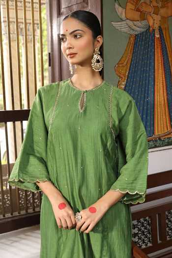 Shop_Amoree by Shikha Chaudhry_Green Silk, Silk, Embroidery, Sequins, Gota Rudra Kurta Set _Online_at_Aza_Fashions