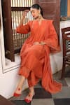 Amoree by Shikha Chaudhry_Rust Silk, Silk, Embroidery, Stones Split Rudra Kurta Set _at_Aza_Fashions